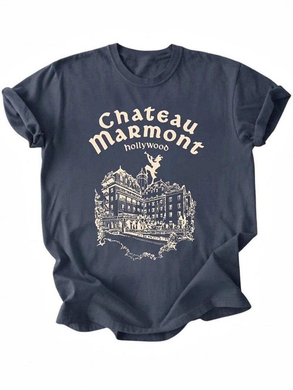 Chateau Marmont Hollywood Hotel Graphic Navy Blue Gildan T-Shirt